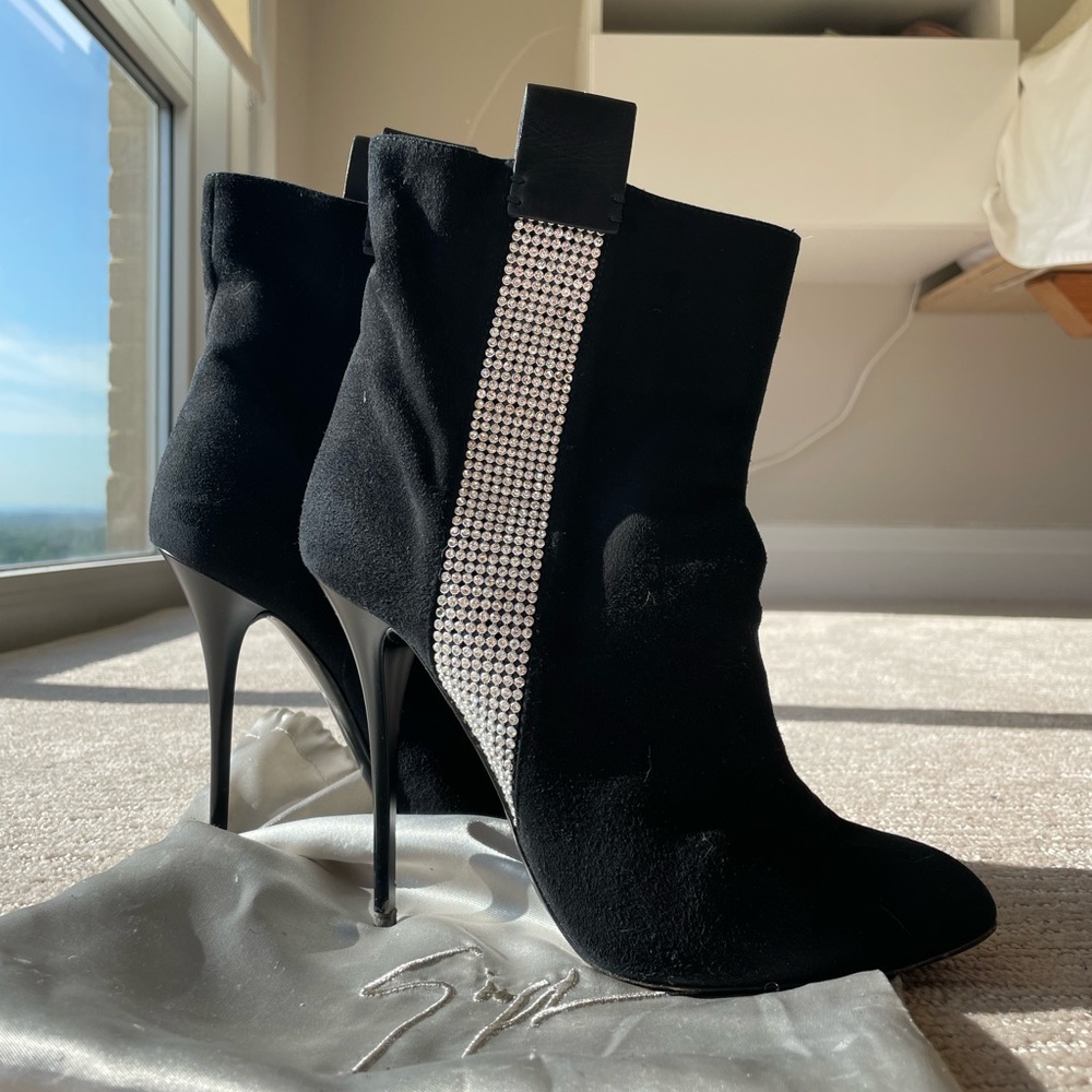 Giuseppe Zanotti Black Suede Pull On Booties with Crystal Stripes - size IT 40